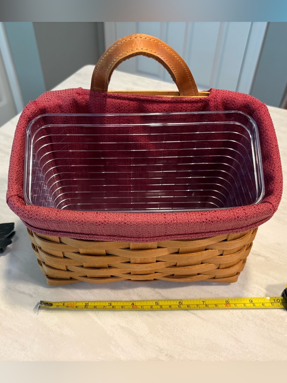 Longaberger Woven Key Basket with Paprika Fabric Liner, hard plastic protector